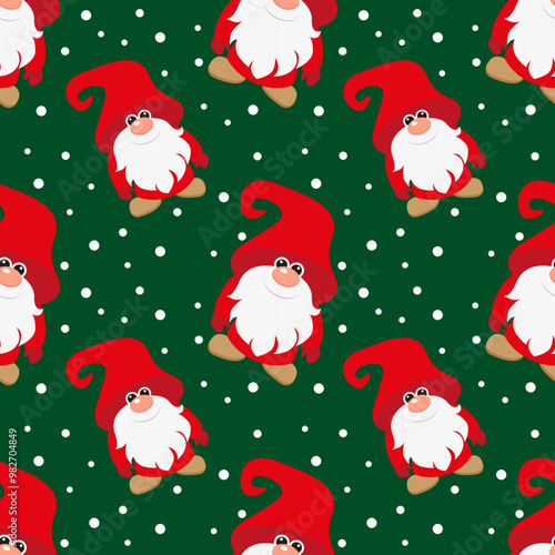 Vector illustration. Gnome Santa Claus cartoon seamless pattern.
