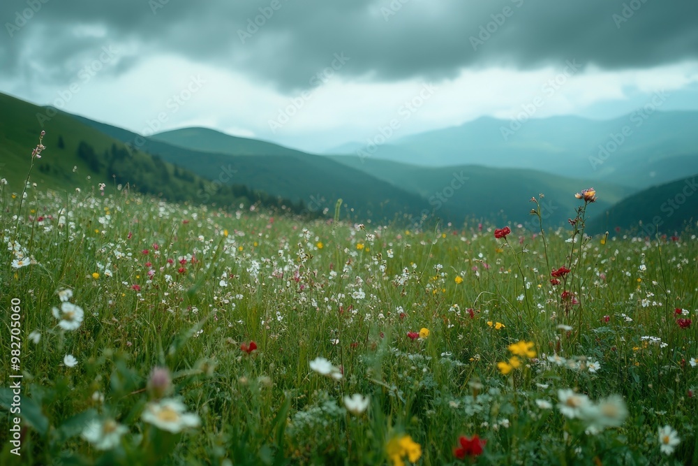 Green meadow with field flowers. Nature landscape with high attitude grass. Beautiful scenery in the Carpathian Mountains , ai Green meadow with field flowers. Nature landscape with high attitude grass. Beautiful scenery in the Carpathian Mountains , ai