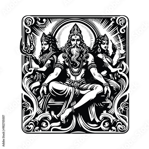 hindus Brahma with tarot card in black and white illustrations, cutout graphic