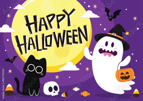 Cute ghost floating with Halloween pumpkin basket for Trick or Treat. Funny spooky boo character. Spook phantom with happy smiling face expression. Isolated kids flat vector illustration.