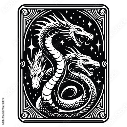 hydra dragon with tarot card in black and white illustrations, cutout graphic