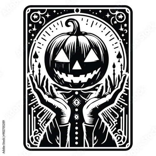 Jack O Lantern with tarot card decoration in black and white illustrations, cutout graphic