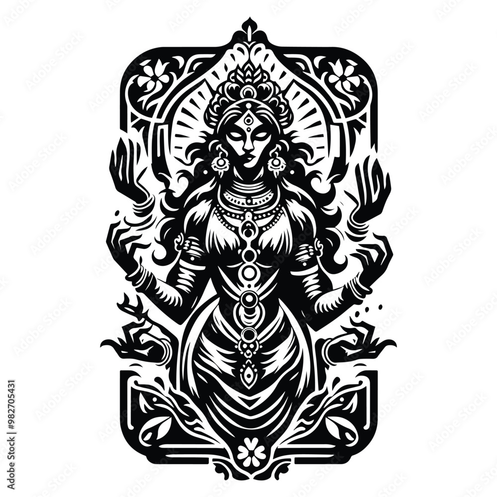 kali goddess with tarot card in black and white illustrations, cutout graphic kali goddess with tarot card in black and white illustrations, cutout graphic