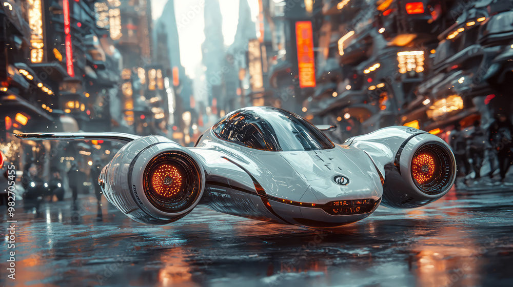 A conceptual design of a flying car with foldable wings, hovering above a futuristic city street,