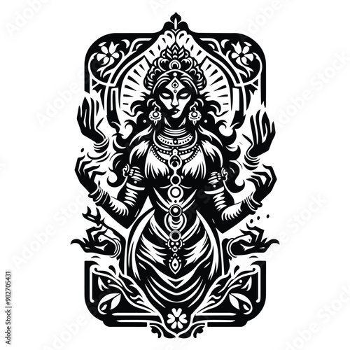 kali goddess with tarot card in black and white illustrations, cutout graphic