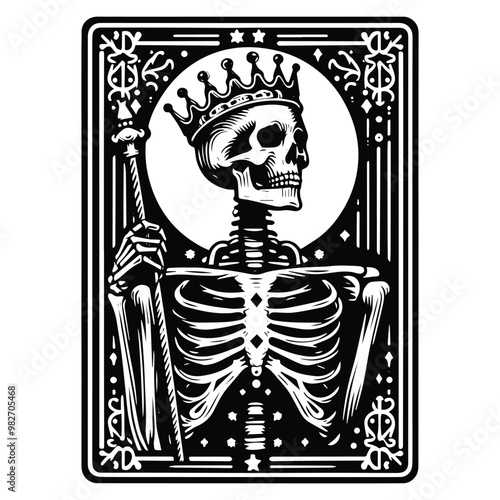 king skeleton with tarot card in black and white illustrations, cutout graphic