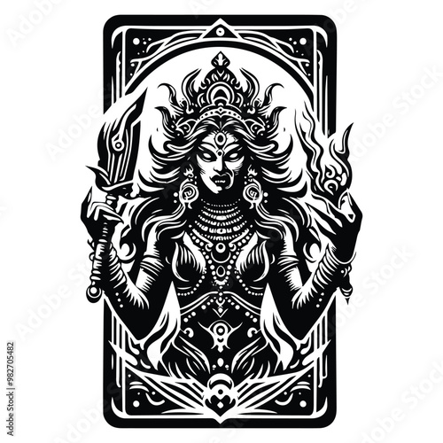 kali goddess with tarot card in black and white illustrations, cutout graphic