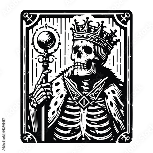king skeleton with tarot card in black and white illustrations, cutout graphic