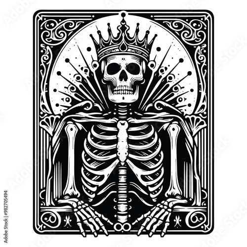 king skeleton with tarot card in black and white illustrations, cutout graphic