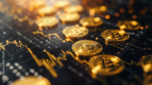 Golden cryptocurrency coins on a digital background, representing blockchain, digital economy, and the modern financial market