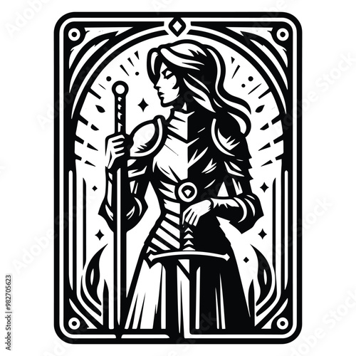knight female inside tarot card in black and white illustrations, cutout graphic