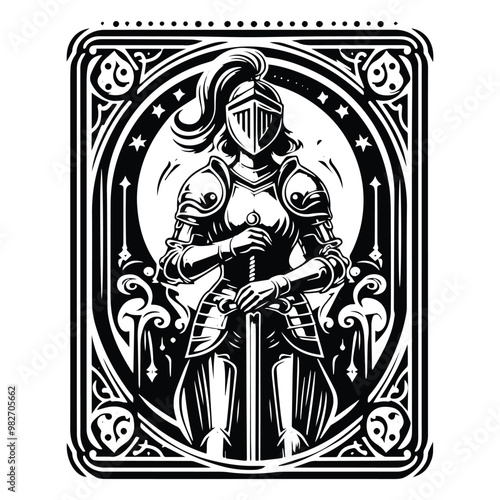 knight female inside tarot card in black and white illustrations, cutout graphic