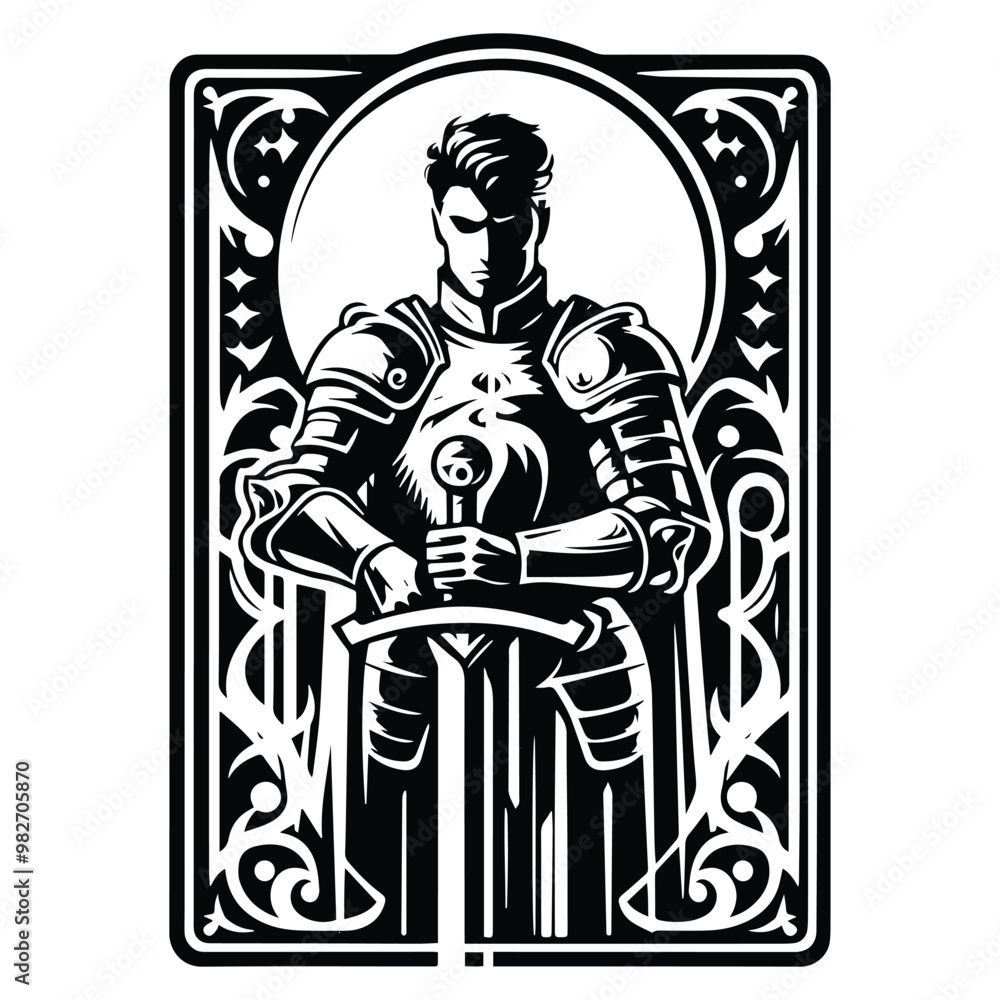 knight male with tarot card in black and white illustrations, cutout graphic knight male with tarot card in black and white illustrations, cutout graphic