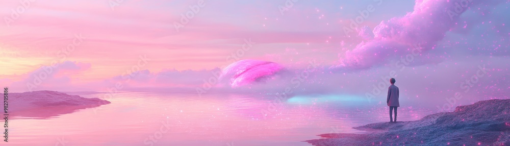 A serene landscape with a person gazing at a colorful sunset over calm waters, evoking feelings of tranquility and wonder. A serene landscape with a person gazing at a colorful sunset over calm waters, evoking feelings of tranquility and wonder.
