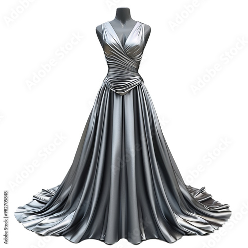 Long silver dress with train flowing on mannequin isolated on white background photo