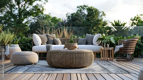 Contemporary outdoor lounge on a wooden floor in a backyard terrace, featuring comfy seating, a wicker ottoman, and a cozy, relaxing atmosphere