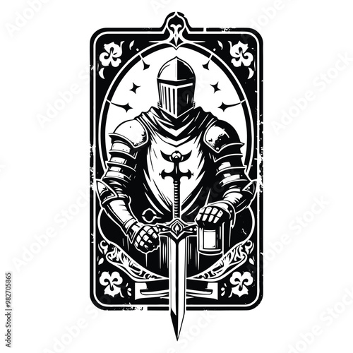 knight male with tarot card in black and white illustrations, cutout graphic