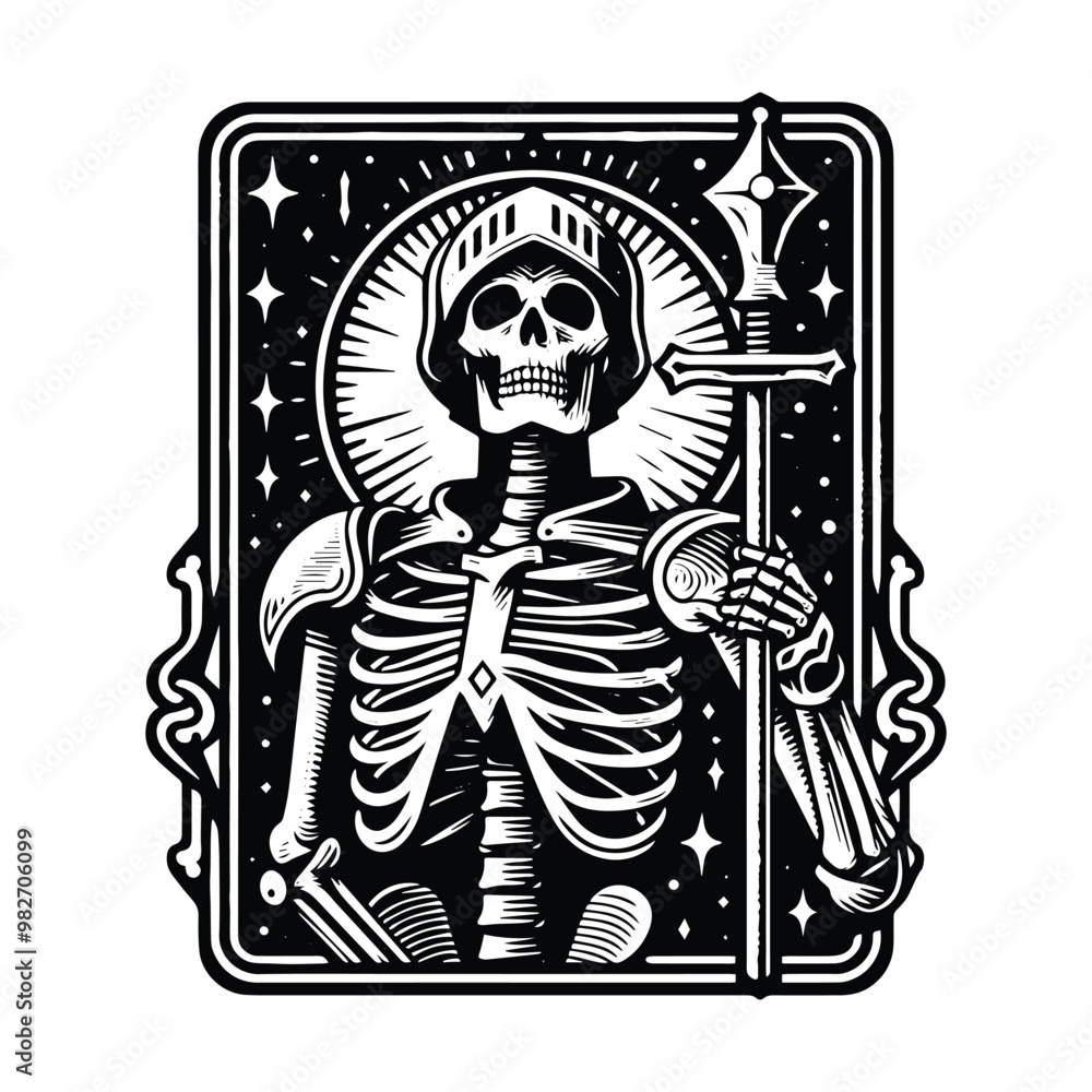 Naklejka premium knight skeleton with tarot card decoration in black and white illustrations, cutout graphic