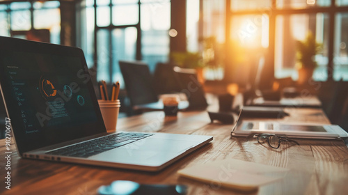 Wallpaper Mural  a strategic meeting with shared workstations, laptops, and advanced tech Torontodigital.ca