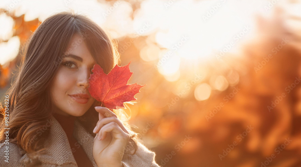Autumn Woman with Brown Hair, Outdoors, with red leaf in hand Autumn Woman with Brown Hair, Outdoors, with red leaf in hand