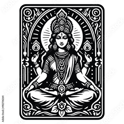 Lakshmi hindu goddess with tarot card in black and white illustrations, cutout graphic black and white illustration