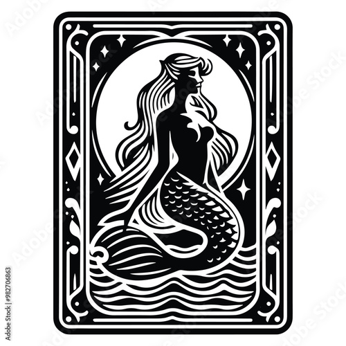 Mermaid in tarot card decoration in black and white illustrations, cutout graphic