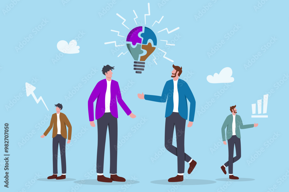 teamwork or team meeting to develop idea together, employee participation concept, business people connect lightbulb jigsaw puzzle. teamwork or team meeting to develop idea together, employee participation concept, business people connect lightbulb jigsaw puzzle.