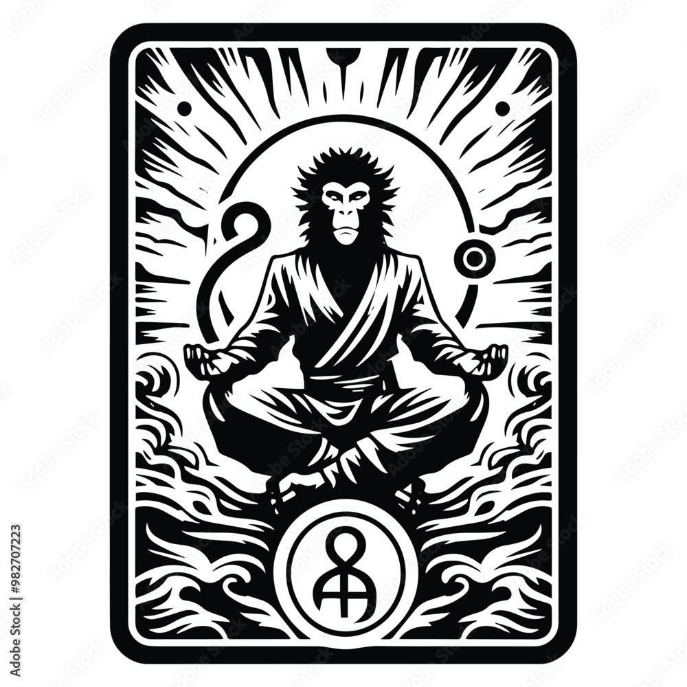 monkeyking Sun Wukong with tarot card in black and white illustrations, cutout graphic monkeyking Sun Wukong with tarot card in black and white illustrations, cutout graphic