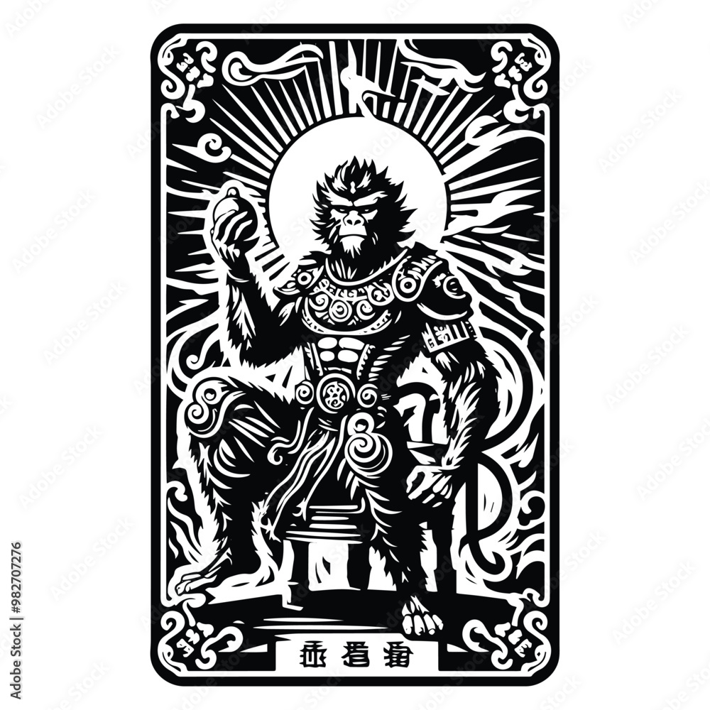 monkeyking Sun Wukong with tarot card in black and white illustrations, cutout graphic monkeyking Sun Wukong with tarot card in black and white illustrations, cutout graphic