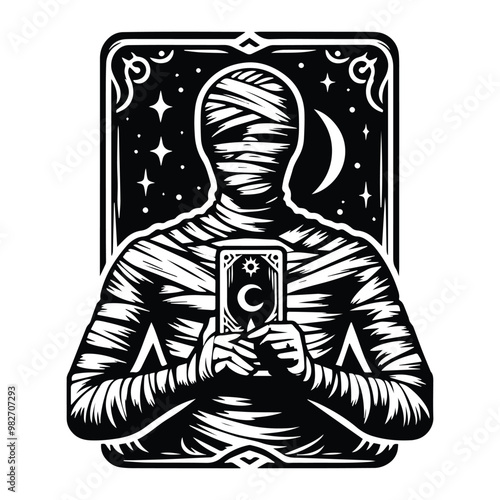 mummy male with tarot card decoration in black and white illustrations, cutout graphic