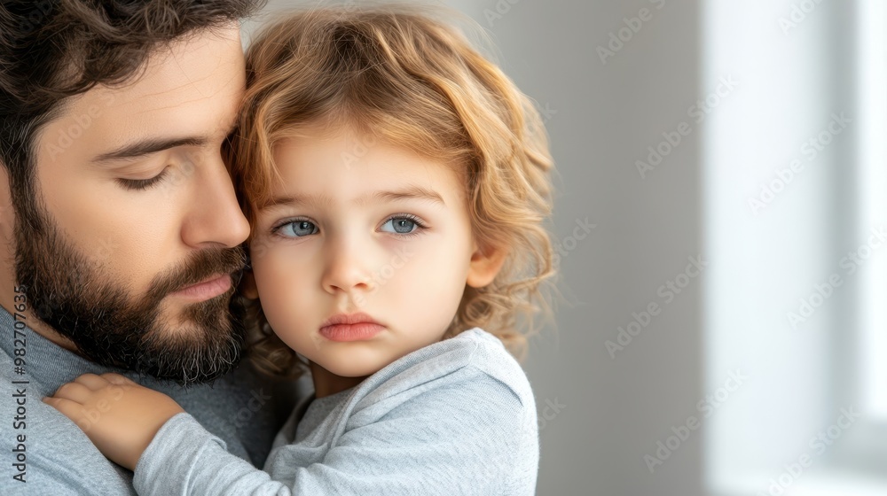 A tender moment between a father and child, showcasing love and connection in a soft, affectionate embrace. A tender moment between a father and child, showcasing love and connection in a soft, affectionate embrace.