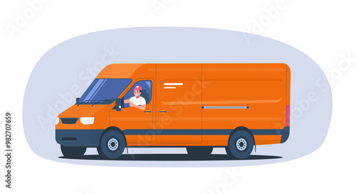 Cheerful driver showing thumbs up while driving a cargo van. Vector illustration.