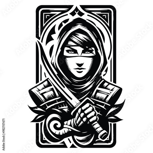 ninja female with tarot card in black and white illustrations, cutout graphic