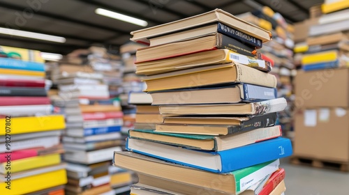 A tall stack of various books in a warehouse setting, showcasing colorful covers and organized chaos of literature.