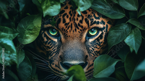 https://s.mj.run/MYklZbY3AQE the face of leo plas with green leave forest