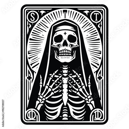 nun skeleton with tarot card in black and white illustrations, cutout graphic
