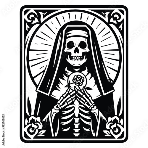 nun skeleton with tarot card in black and white illustrations, cutout graphic