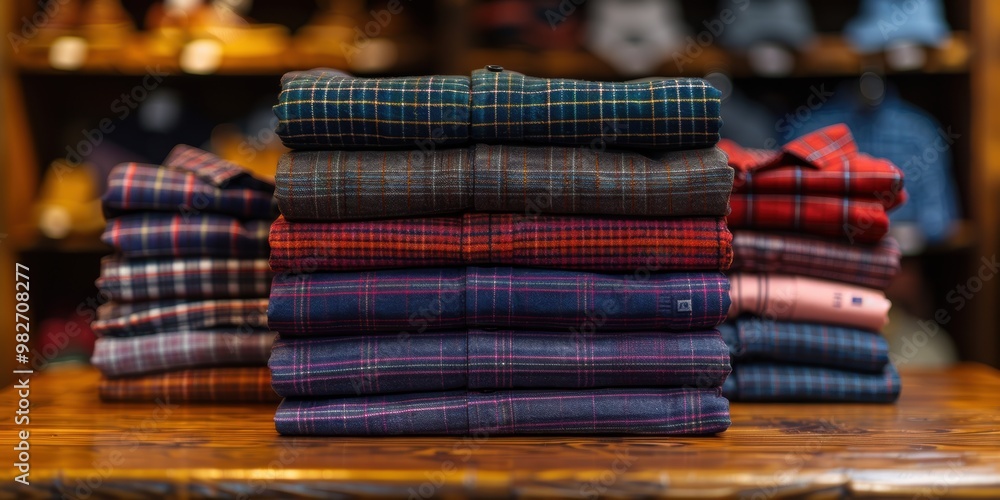 A neatly organized stack of plaid patterned shirts in various colors displayed on a wooden surface at a clothing store, with blurred shelves in the background A neatly organized stack of plaid patterned shirts in various colors displayed on a wooden surface at a clothing store, with blurred shelves in the background