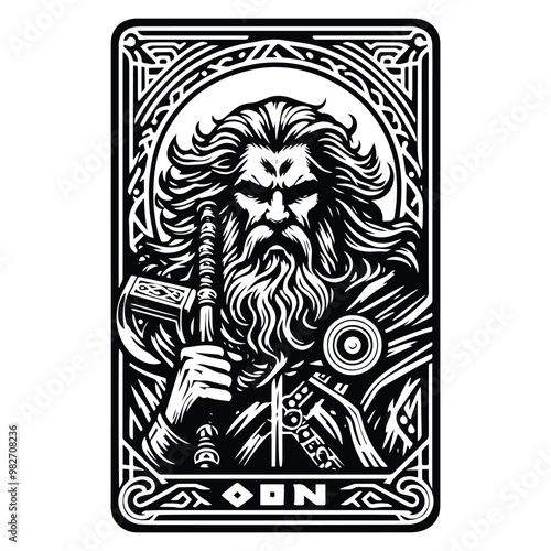 odin nordic god with tarot card in black and white illustrations, cutout graphic