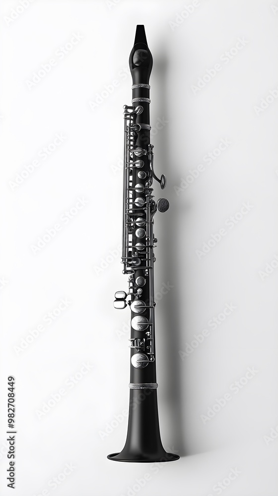 High-quality close-up photograph of a clarinet, showcasing its smooth black body and silver keys High-quality close-up photograph of a clarinet, showcasing its smooth black body and silver keys