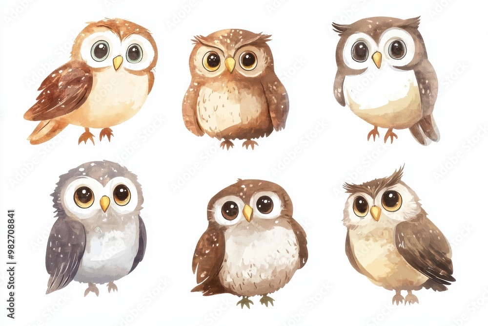 Fototapeta premium Cute Owls Watercolor Set.