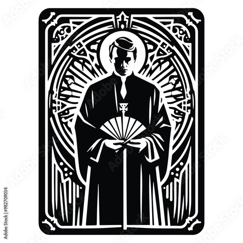 pastor with tarot card in black and white illustrations, cutout graphic