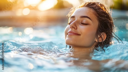 Serenity Expressed: Outdoor Spa Pool Oasis with Sensual Young Woman Embracing Relaxation and Beauty