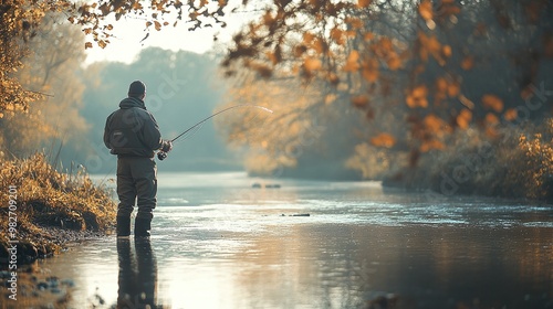 serene scene of a man fishing by the river in soft light with a fishing rod capturing the quiet beauty and relaxation of the moment