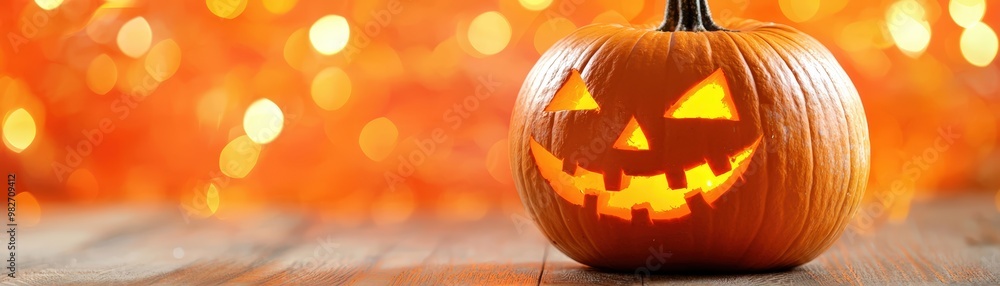Lit pumpkin on wood Lit pumpkin on wood