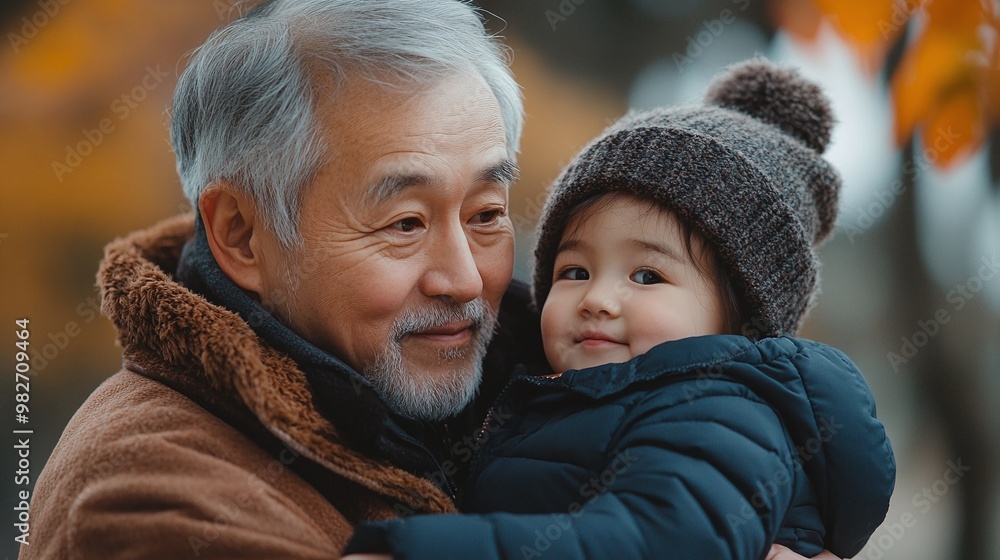 Obraz premium tender family moment with a grandfather carrying his granddaughter outdoors sharing a joyful bond and generational connection