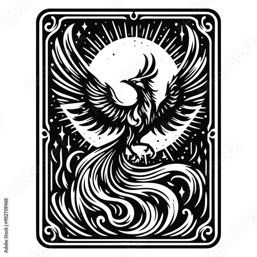 Phoenix with tarot card in black and white illustrations, cutout graphic