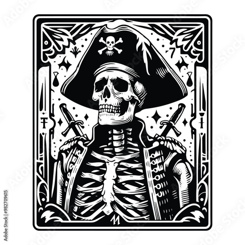 pirate skeleton with tarot card in black and white illustrations, cutout graphic