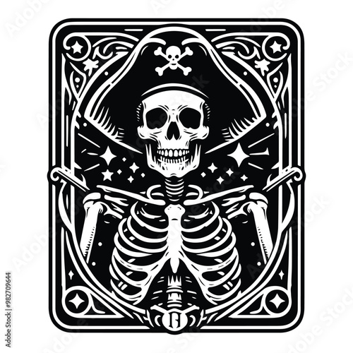 pirate skeleton with tarot card in black and white illustrations, cutout graphic