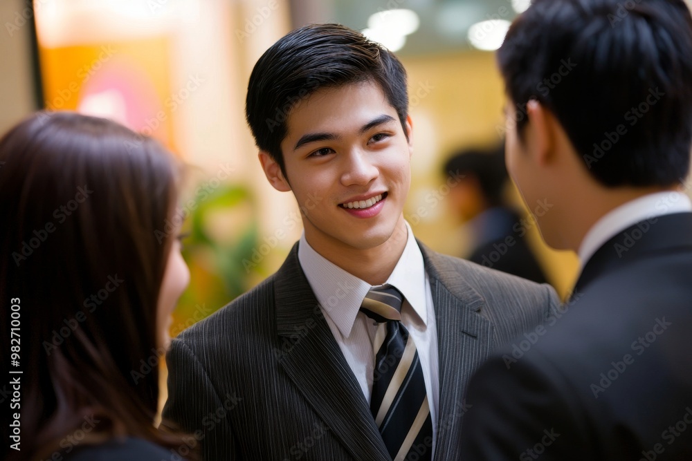A professional young man smiles while engaging in conversation with colleagues in a modern office environment. A professional young man smiles while engaging in conversation with colleagues in a modern office environment.